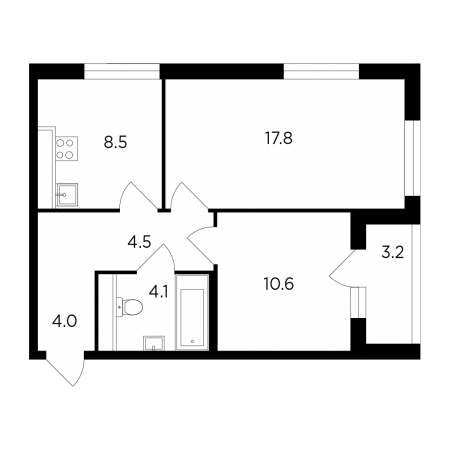 Двухкомнатная квартира 51.2 м²